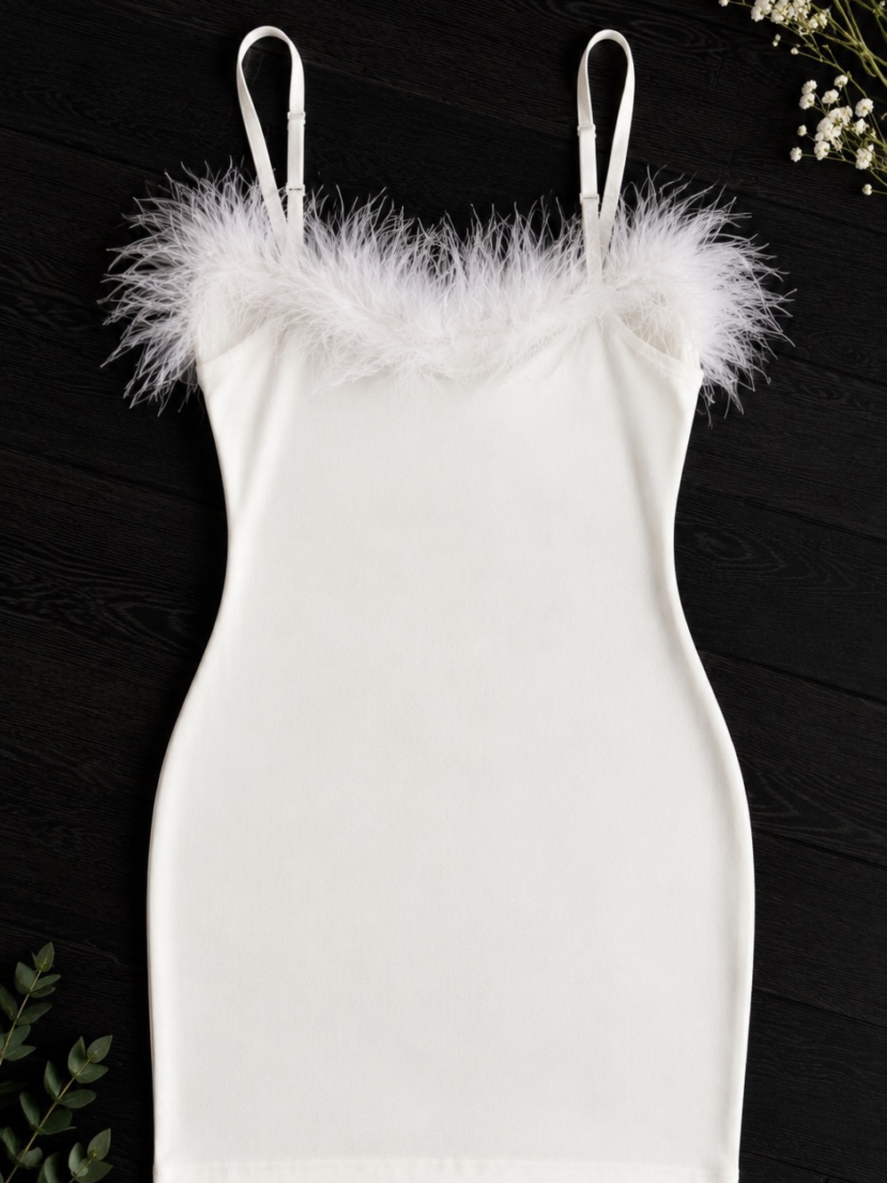 White Feather Trim Bodycon Mini Dress